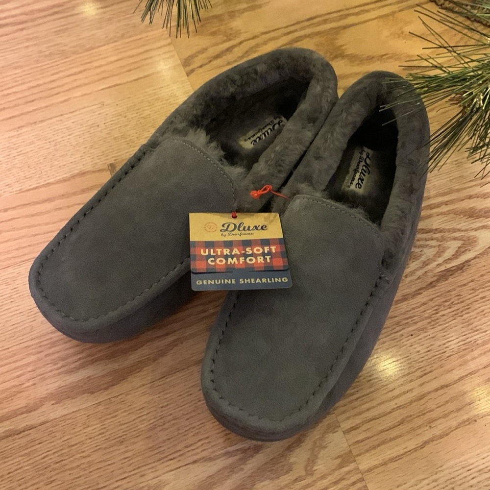 Shearling Moccasin Slippers for Men size 11 Grey Suede